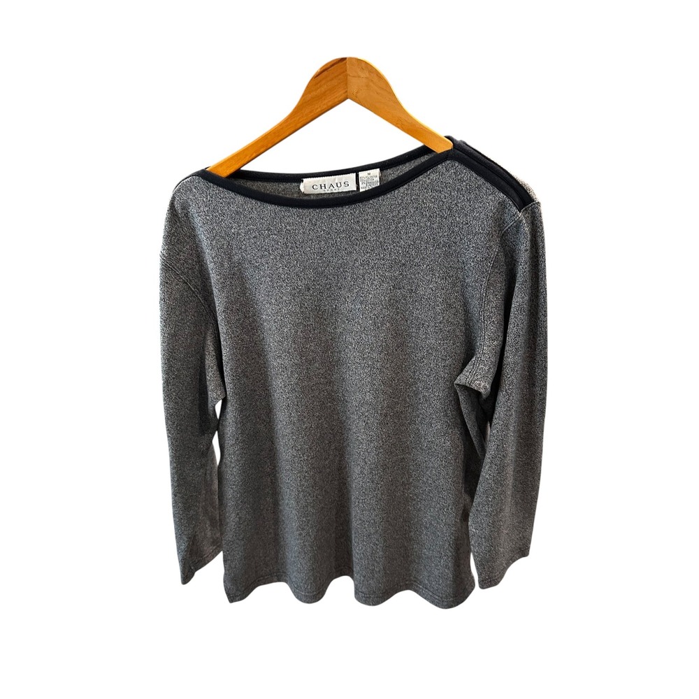 Chaus Sport Vintage 90s Gray Marl Knit Boat Neck Long Sleeve Top Womens Medium